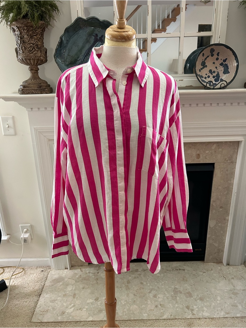 Ann Taylor Pink and White Linen Vertical Stripe Button-Down Oversized Shirt